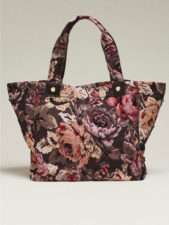 Anthropologie Handbags - New Anthropologie Maeve Floral beaded Tote Bag brown pink tapestry embellished